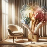 Un salon confortable avec un fauteuil beige, un panier en osier rempli de crayons colorés, et un livre ouvert sur une table.