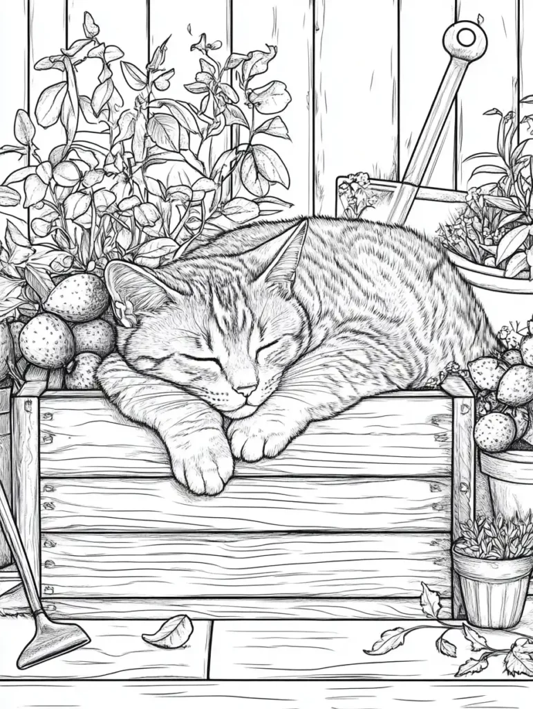 coloriages-pour-adultes-chat-jardin