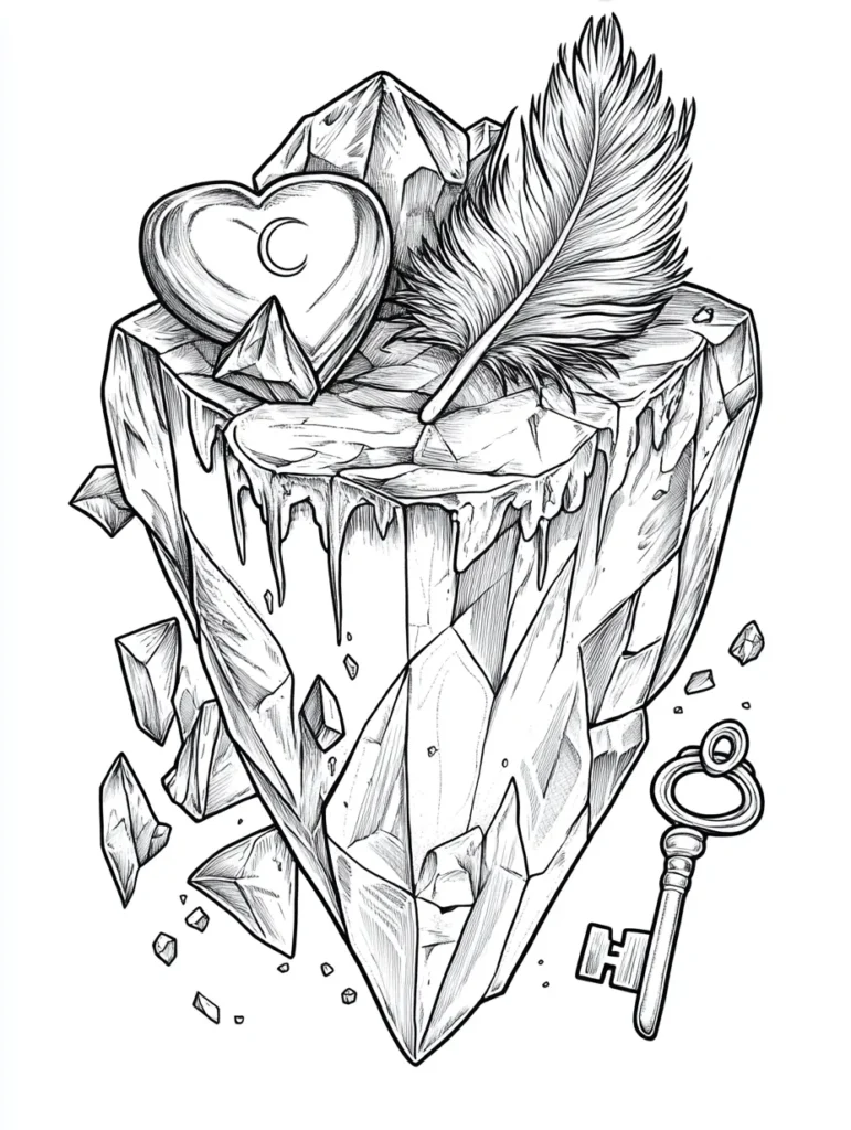 Coloriage en noir et blanc d'un gros cristal transparent avec un cœur stylisé, une plume délicate et une clé vintage autour, conçu pour stimuler la créativité.