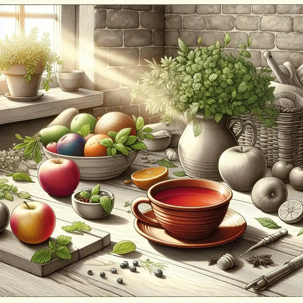 Une cuisine chaleureuse avec une tasse rouge brique et des ingrédients frais sur une table en bois, baignée d'une douce lumière du matin.