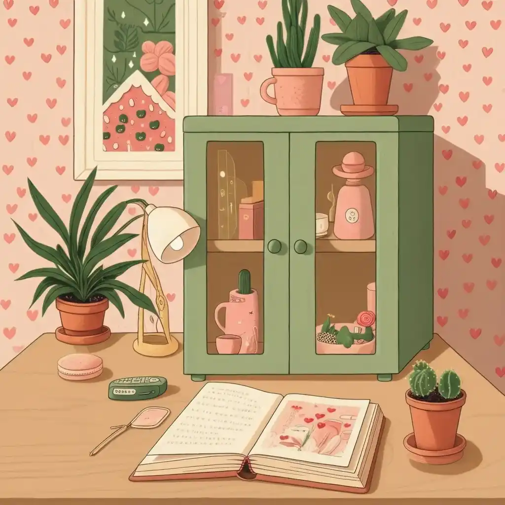 Un espace de travail avec une armoire organisée, une plante verte et un livre ouvert sur le bureau.