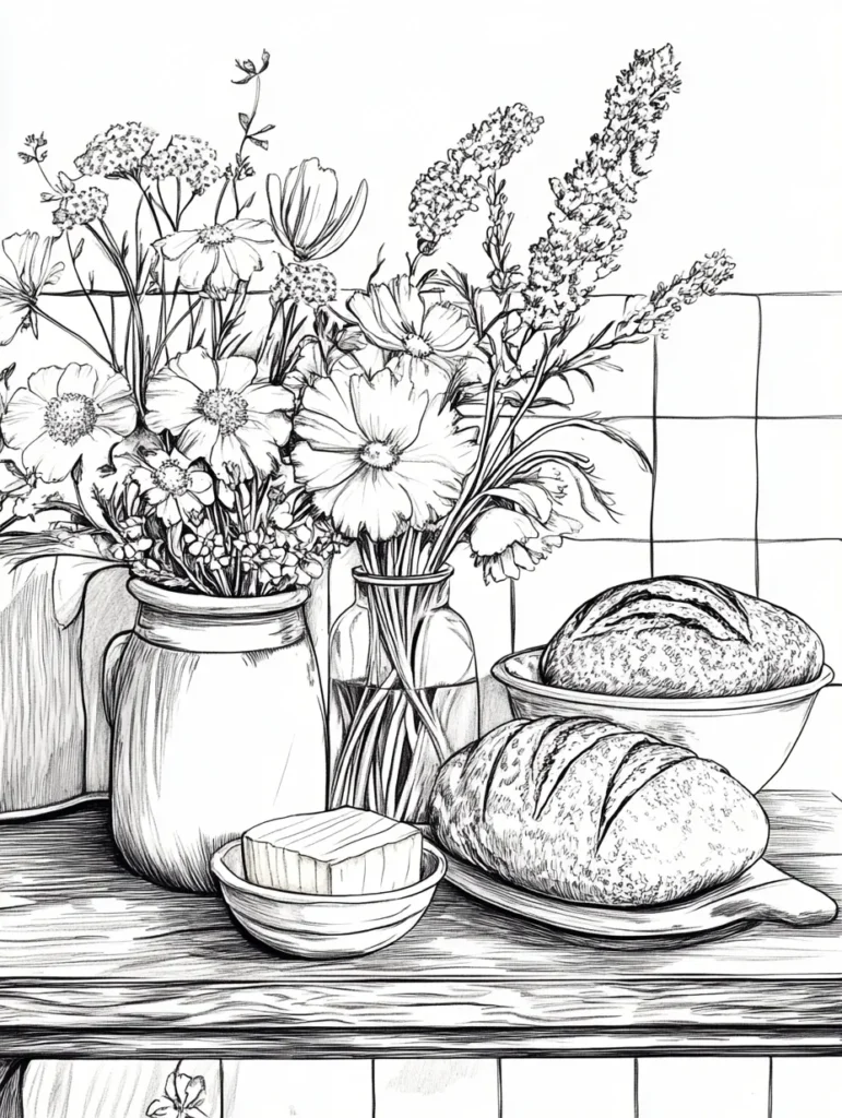 Coloriage d'une composition sur une table en bois avec des pains dorés, du beurre et un bouquet de fleurs variées.