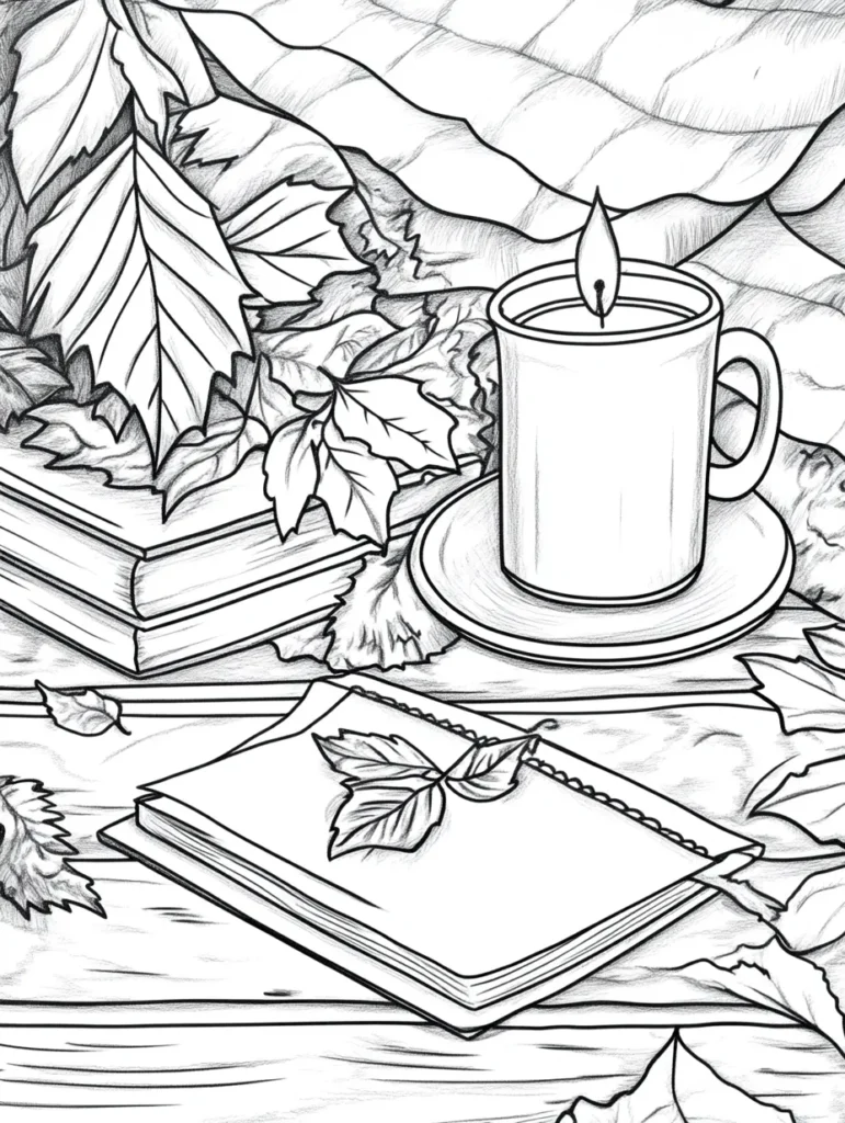 Coloriage d'une scène apaisante avec une tasse de café, des livres et des feuilles d'automne