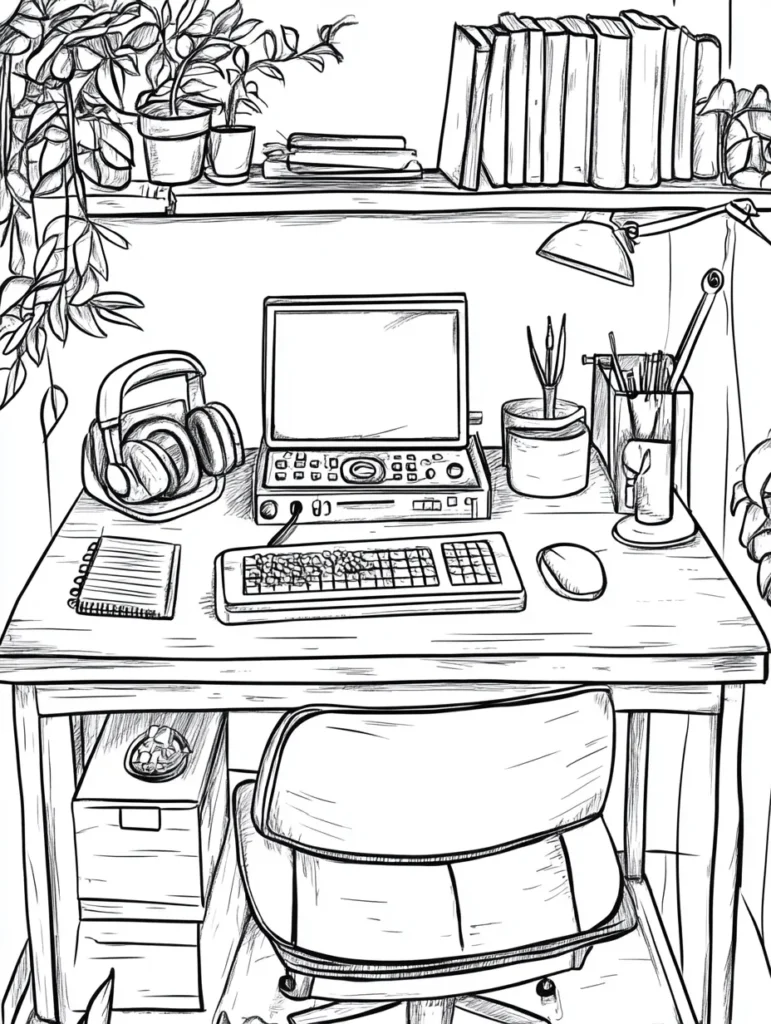 Coloriage d'un espace de travail à la maison avec un bureau, un ordinateur, une plante et des livres.