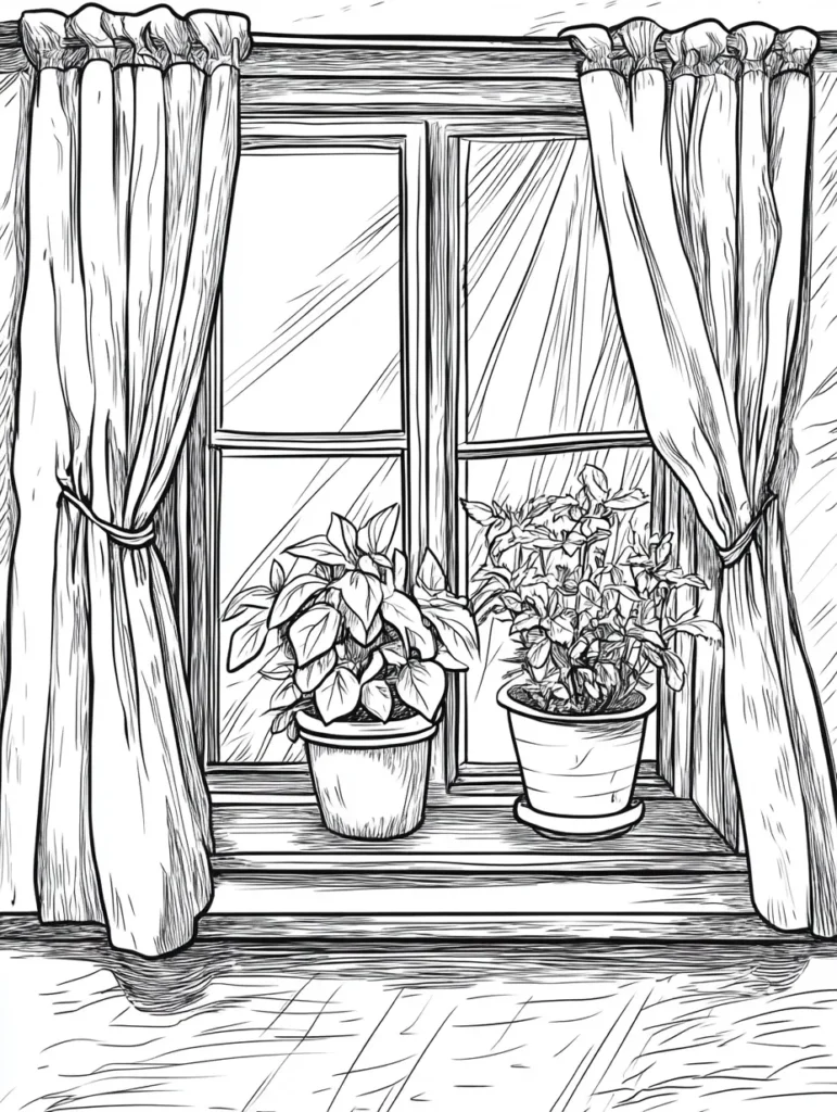Coloriage d'une fenêtre en bois avec des rideaux drapés et des pots de fleurs.