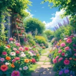 Un jardin luxueux avec des fleurs colorées, des pots sur une étagère en bois et une lumière naturelle apaisante