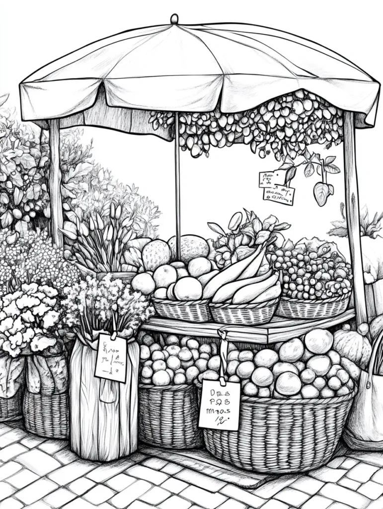 Coloriage d'un marché coloré avec des fruits et légumes sous un parasol.