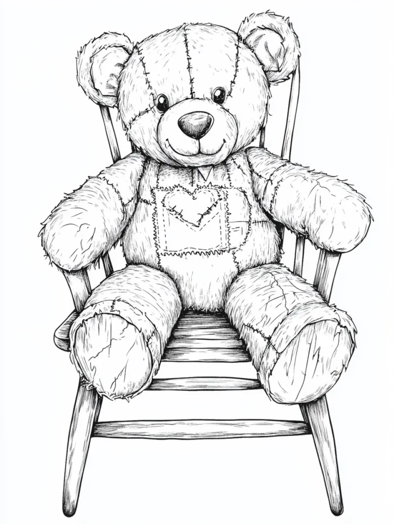 Coloriage d'un ours en peluche assis sur une chaise en bois, avec des détails de patchwork sur son pelage.