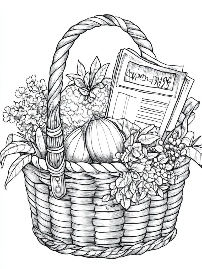 Coloriage d'un panier tressé rempli de fruits et de fleurs, avec un journal à côté.