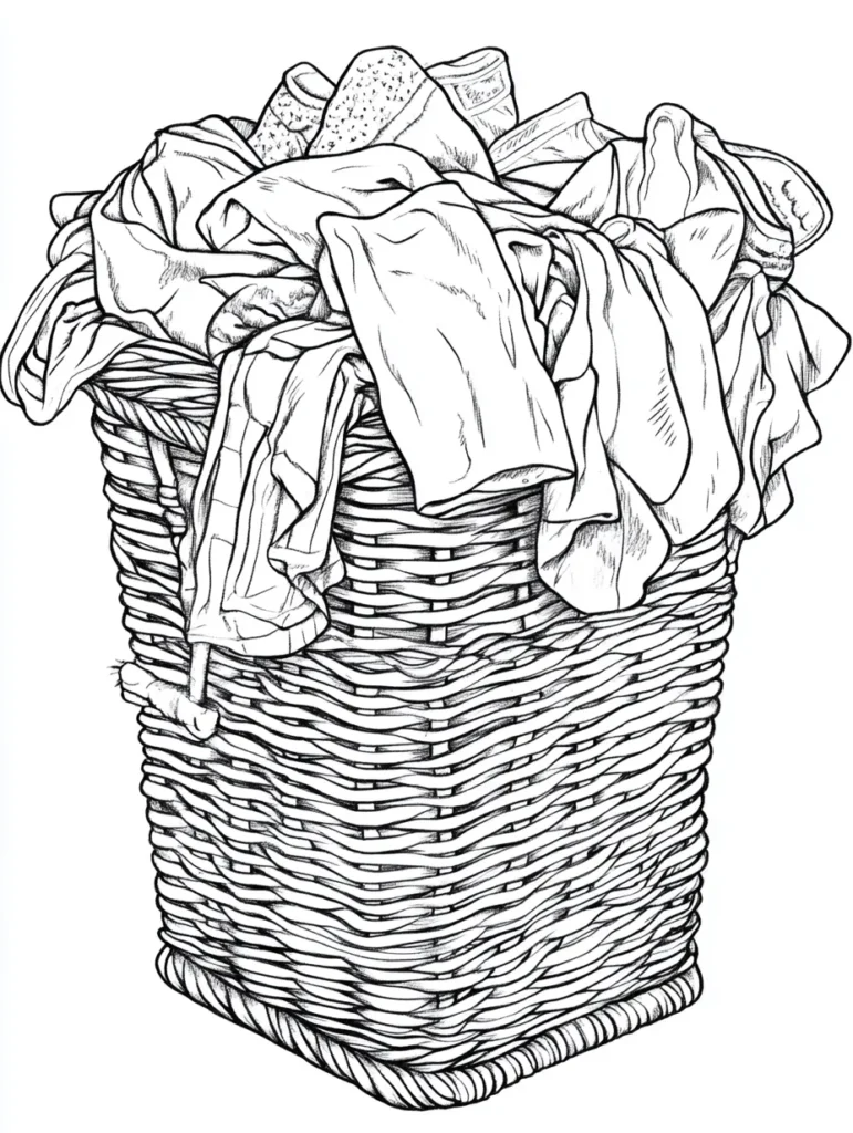 Un coloriage en noir et blanc d'un panier en osier rempli de vêtements, comprenant chemises et t-shirts, avec des détails de plis et motifs.