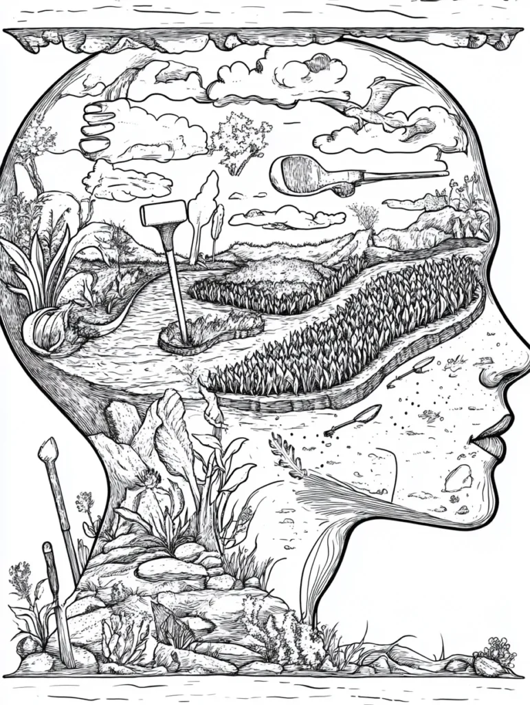 Illustration en noir et blanc d'un profil humain rempli de paysages naturels, avec des éléments tels que des champs, un chemin, des nuages et des outils de jardinage.