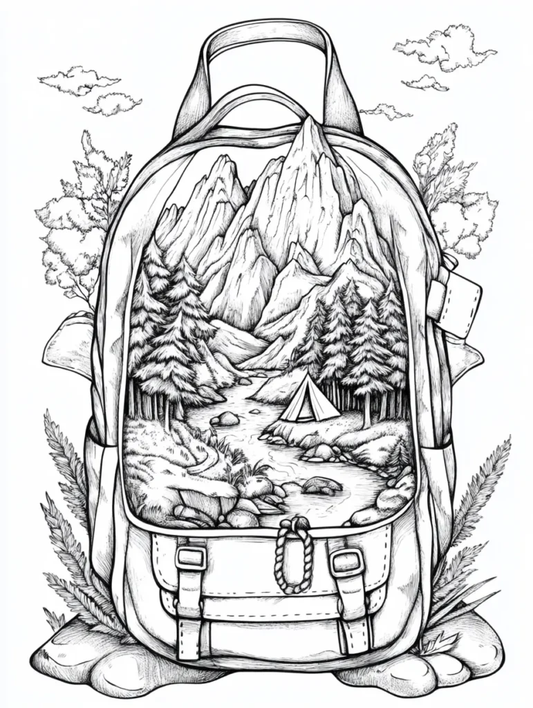 Coloriage d'un sac à dos stylisé orné d'une scène de montagne, de forêts de conifères et d'une rivière, offrant une ambiance de paix et d'aventure.