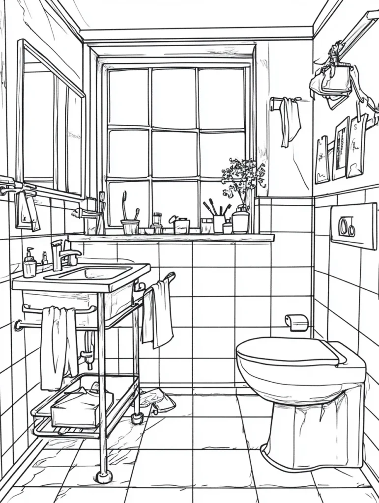 Coloriage d'une salle de bain avec lavabo et décor à imprimer pour adultes.