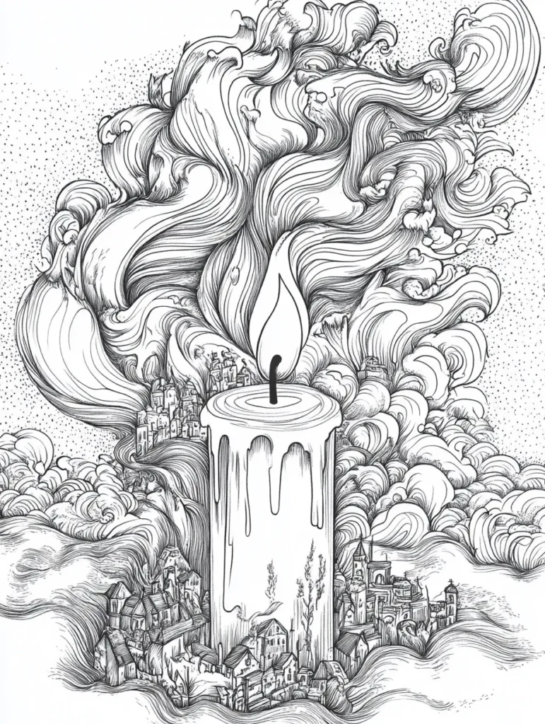 Une grande bougie blanche émerge d'un paysage urbain avec des nuages fumés et des maisons en arrière-plan.