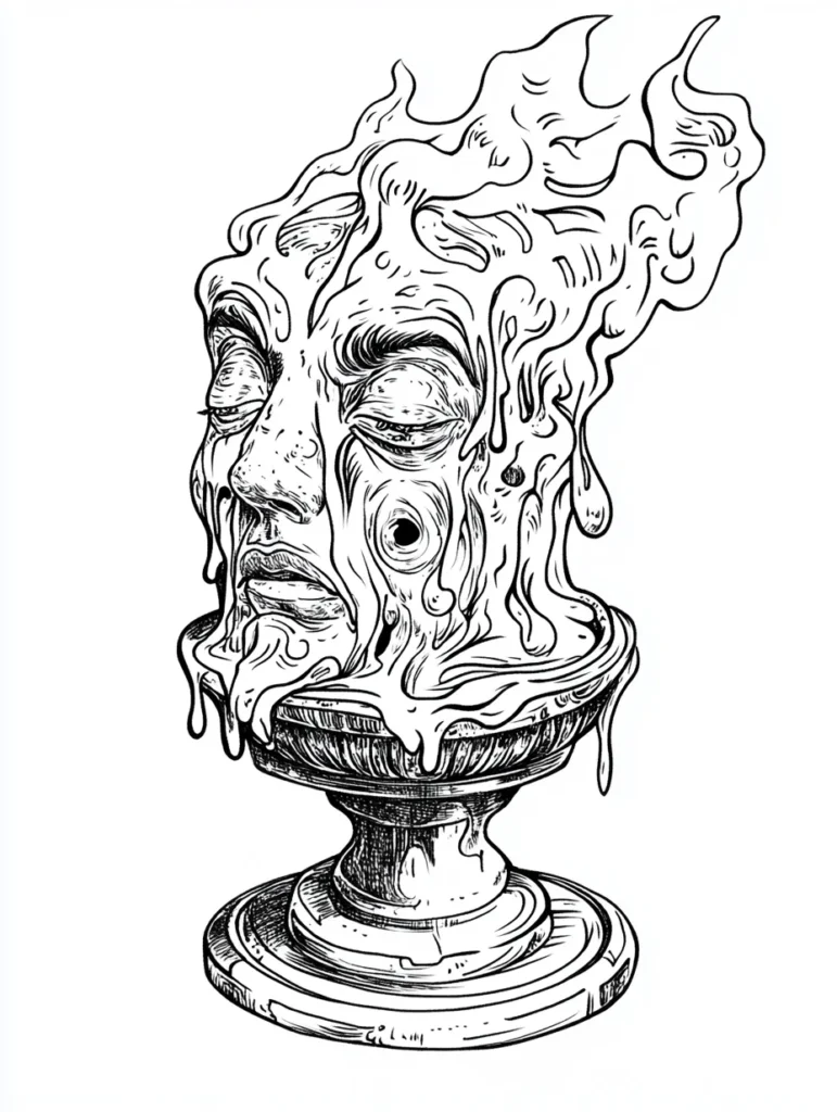 Coloriage représentant une sculpture stylisée d'une tête humaine avec des flammes ou liquide en fusion. Détails réalistes et émotionnels.