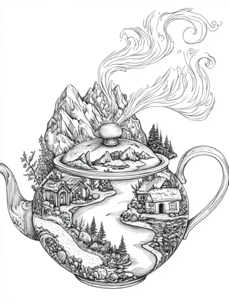 Coloriage d'une théière stylisée remplie de paysages naturels, avec des maisons et des montagnes.