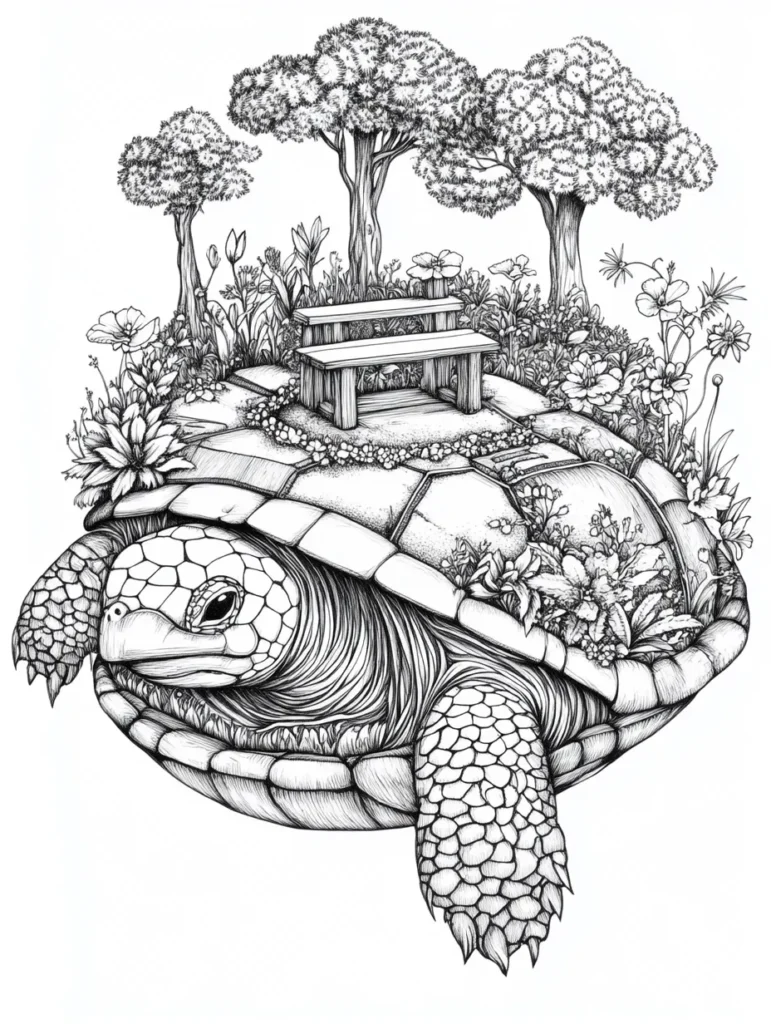 Coloriage d'une tortue majestueuse avec une carapace transformée en paysage fleuri.