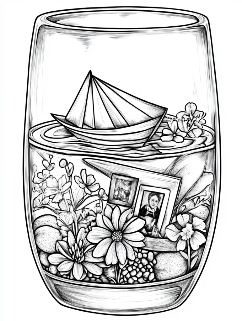 Coloriage d'un grand verre transparent avec un bateau en papier, des fleurs, fruits, et photos.