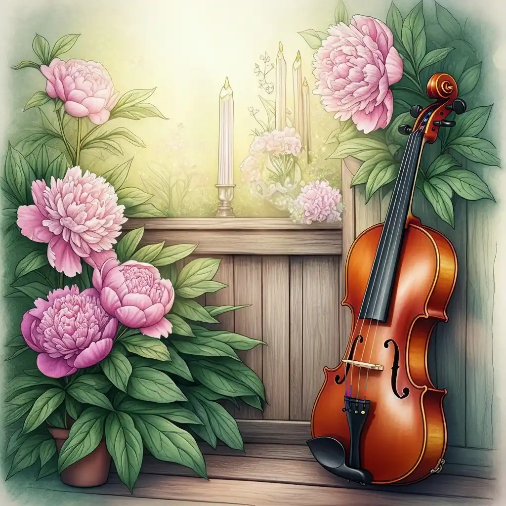 Un violon entouré de fleurs roses et de feuillages verts, avec une lumière douce qui illumine la scène.