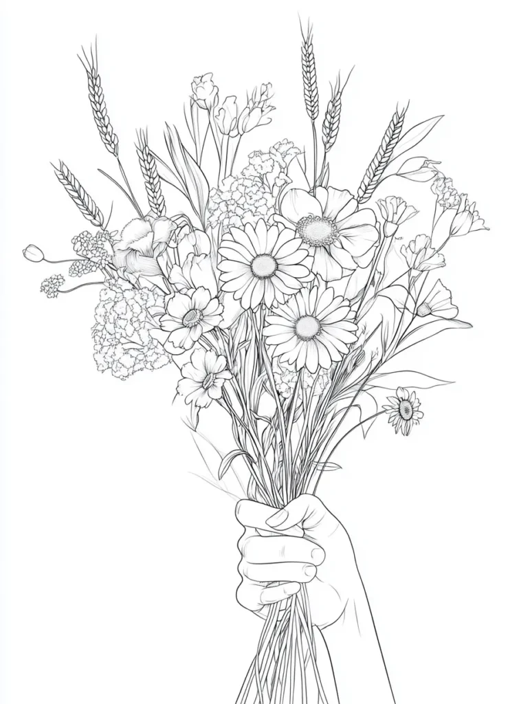Coloriage d'un bouquet de fleurs dans une main, comprenant des marguerites, des iris et des œillets.