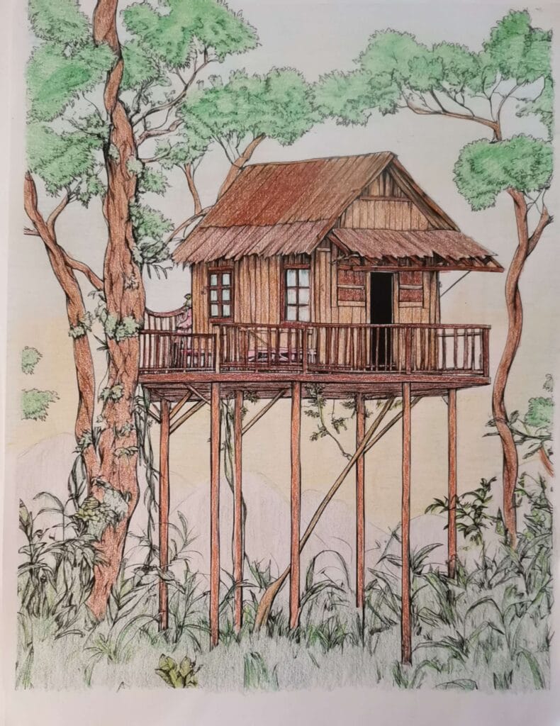 Coloriage d’une cabane en bois suspendue dans les arbres, avec une grande terrasse, au cœur d’une forêt.