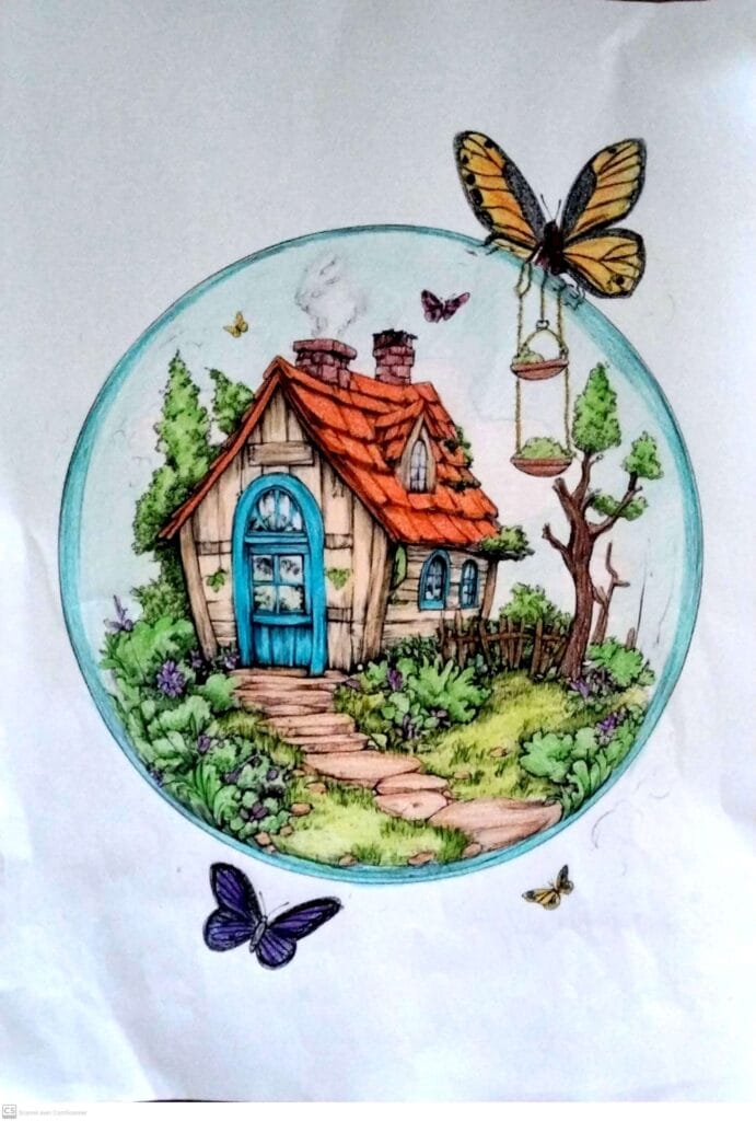 Coloriage d’une petite maison colorée, protégée dans une cloche magique, entourée de nature, de papillons et d’un arbre.