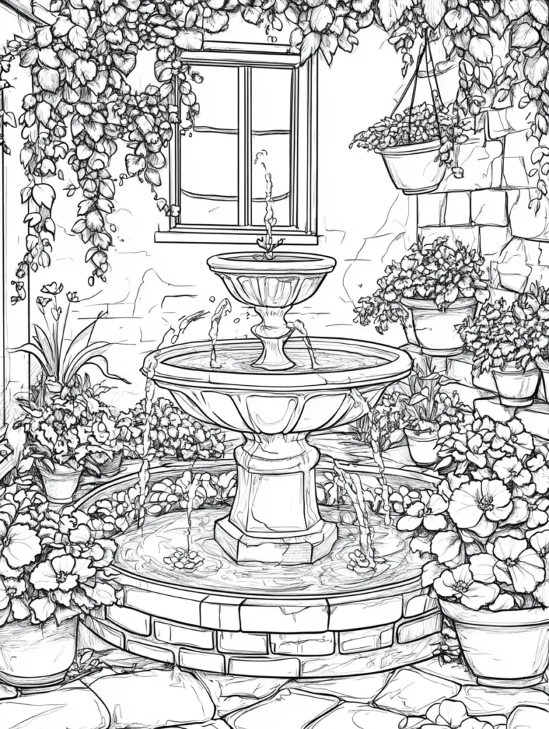 Coloriage d'un jardin intérieur avec une fontaine et des fleurs variées.
