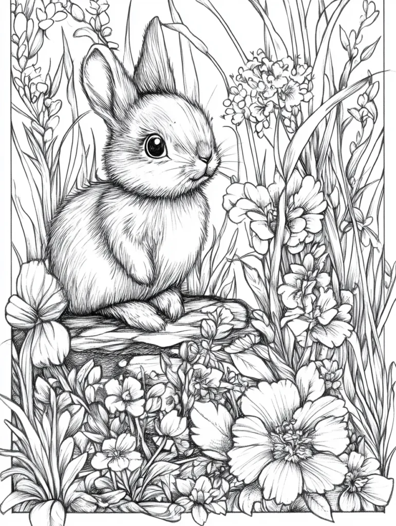 Coloriage d'un adorable petit lapin sur une pierre entouré de fleurs.