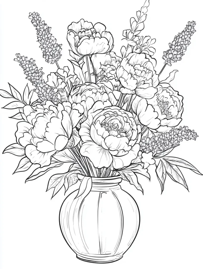 Bouquet de fleurs incluant des pivoines et des épis de lavande dans un vase classique.