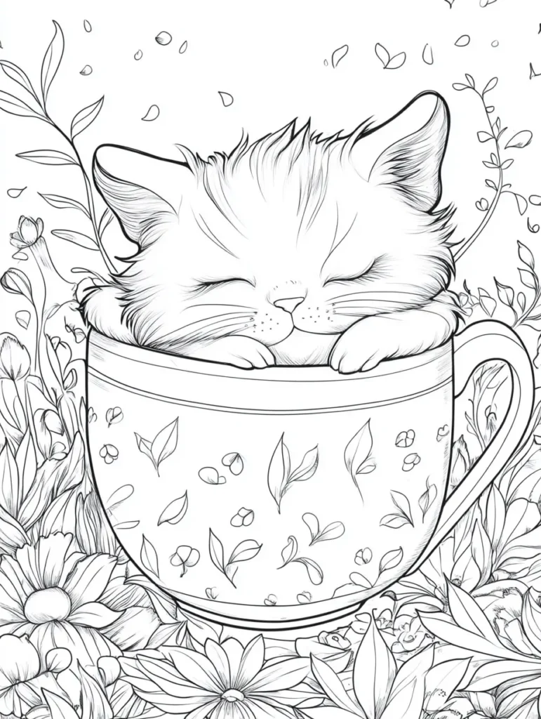 Coloriage d'un adorable chaton dormant dans une tasse de thé au milieu de fleurs colorées, parfait pour les enfants qui aiment les coloriages mignons.