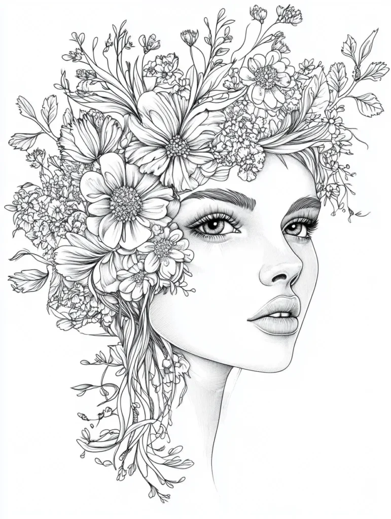 Coloriage représentant une femme élégante avec une coiffe florale riche, décorée de marguerites et de fleurs des champs.