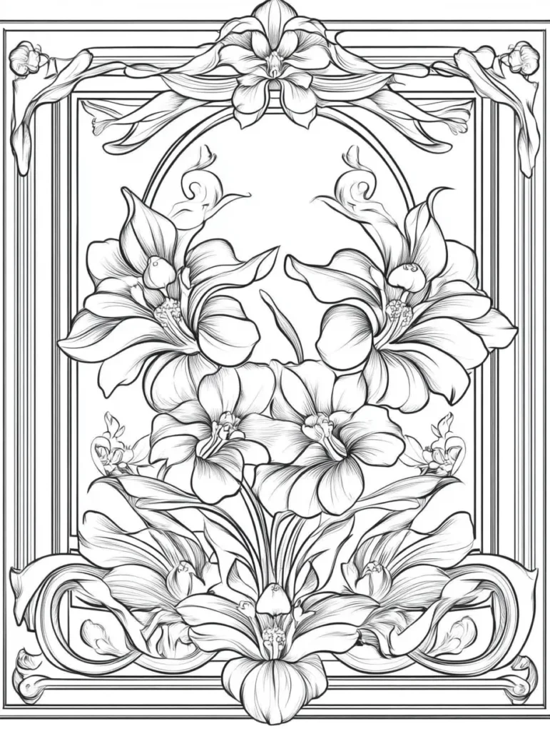Coloriage de fleurs délicates pour adultes, comprenant des lys et des orchidées finement détaillés.