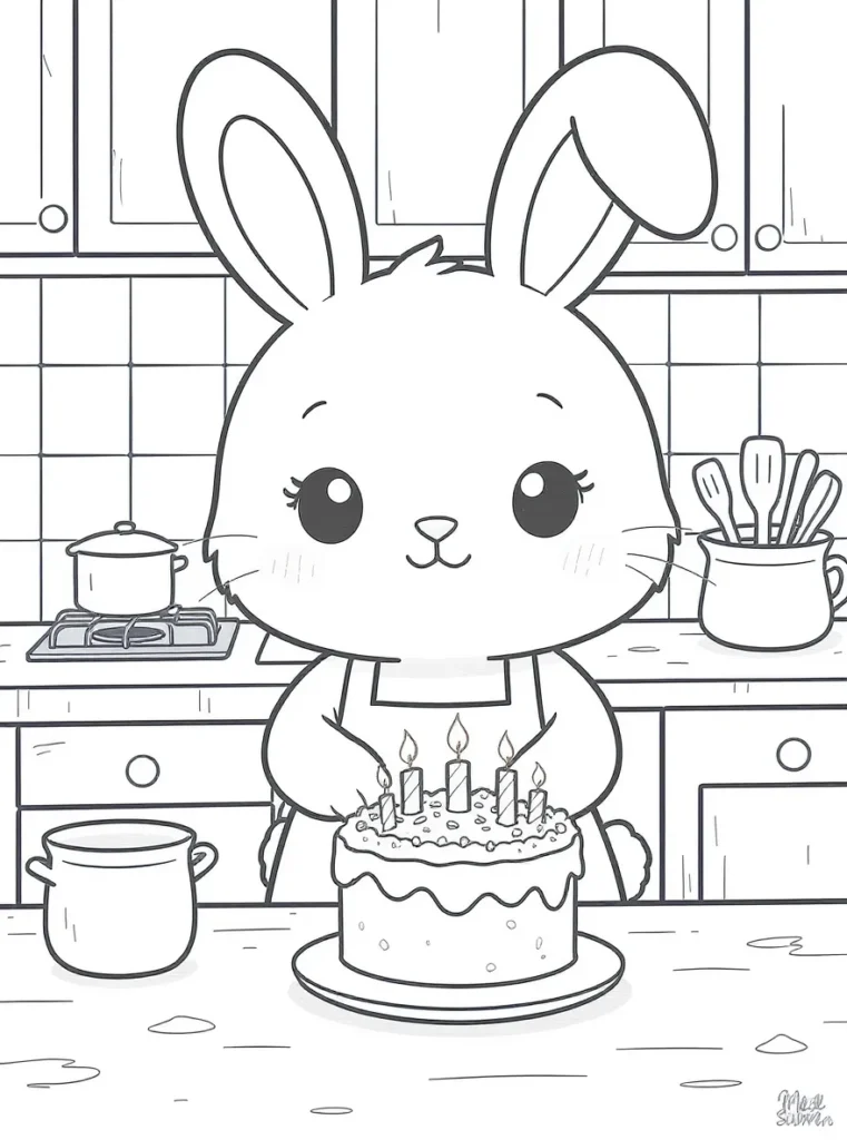 Coloriage d'un petit lapin mignon cuisinier tenant un gâteau avec des bougies dans une cuisine.