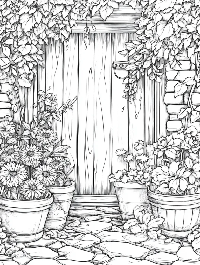 Coloriage représentant un portail en bois entouré de plantes et de pots de fleurs variées, parfait pour les amateurs de coloriage fleurs.