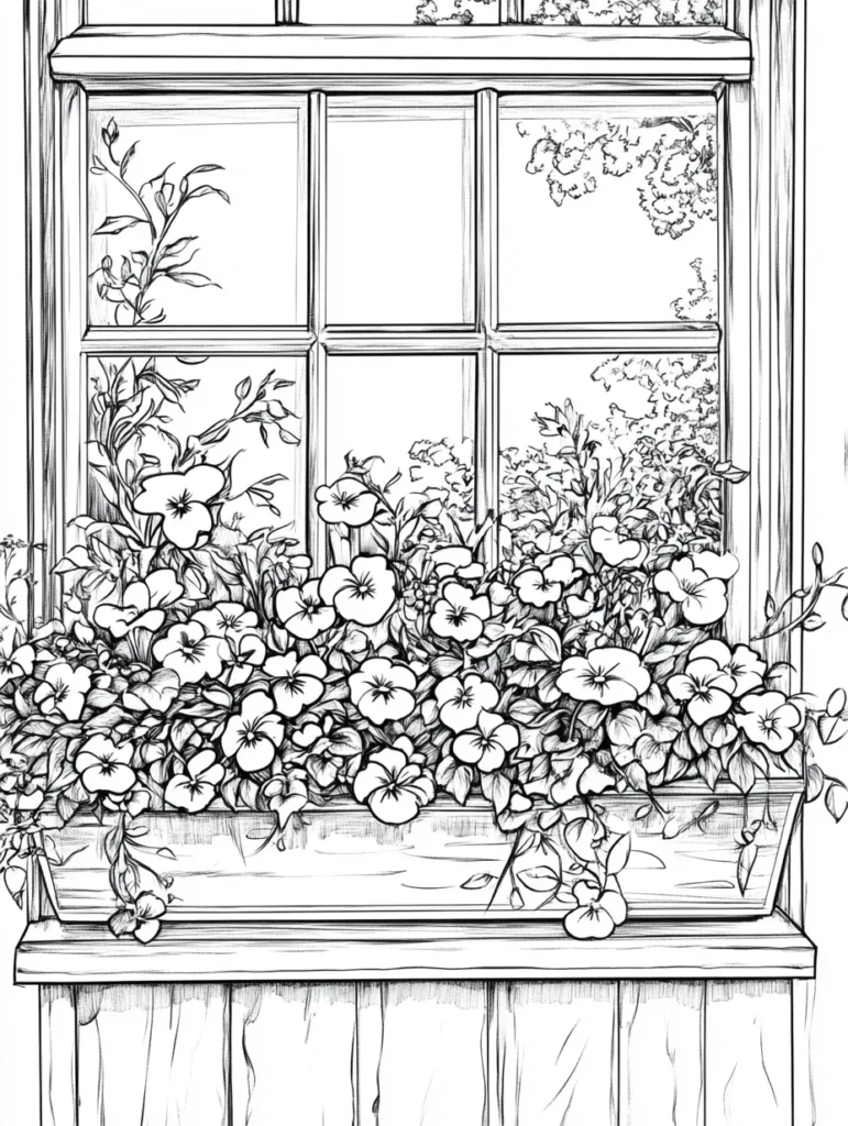 Coloriage représentant une jardinière en bois avec des fleurs colorées et une fenêtre en arrière-plan.