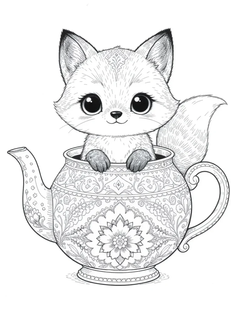Coloriage d'un adorable renard émergeant d'une théière décorée avec des motifs floraux.
