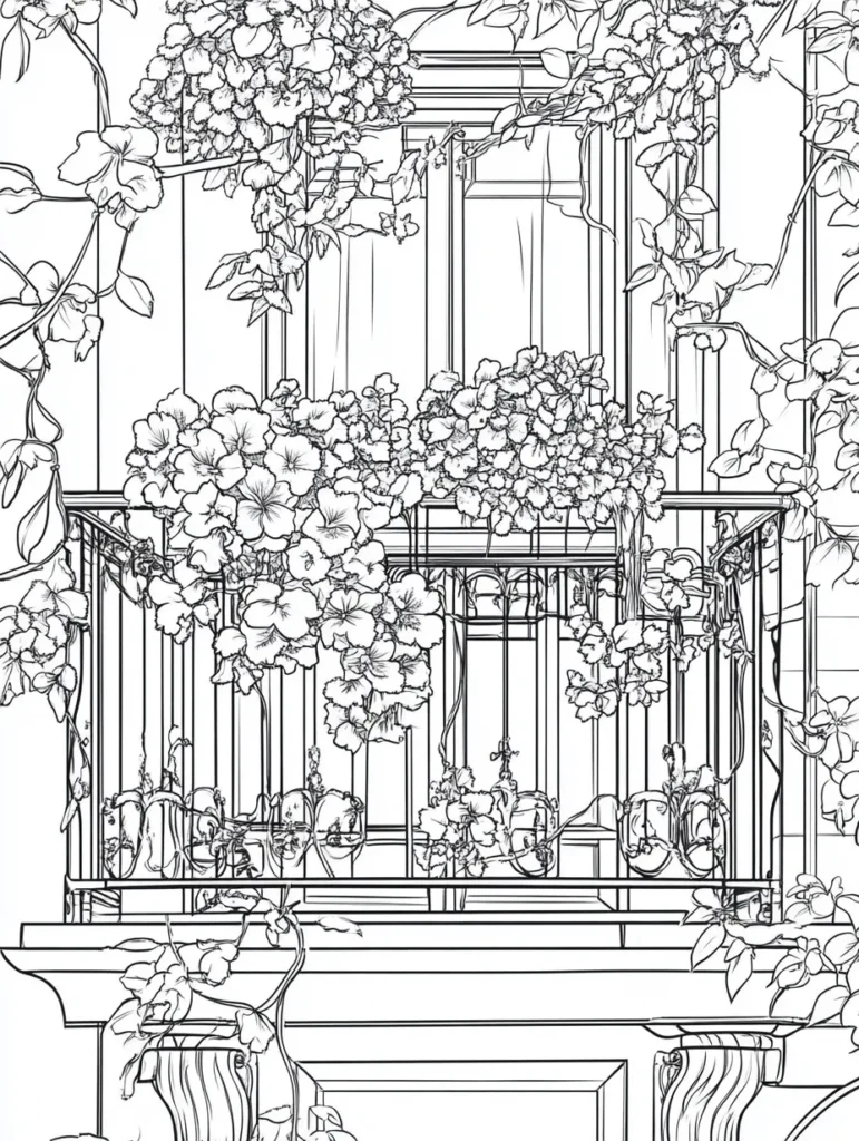 Coloriage de balcon orné de fleurs luxuriantes et de feuillage, parfait pour stimuler la créativité des enfants.