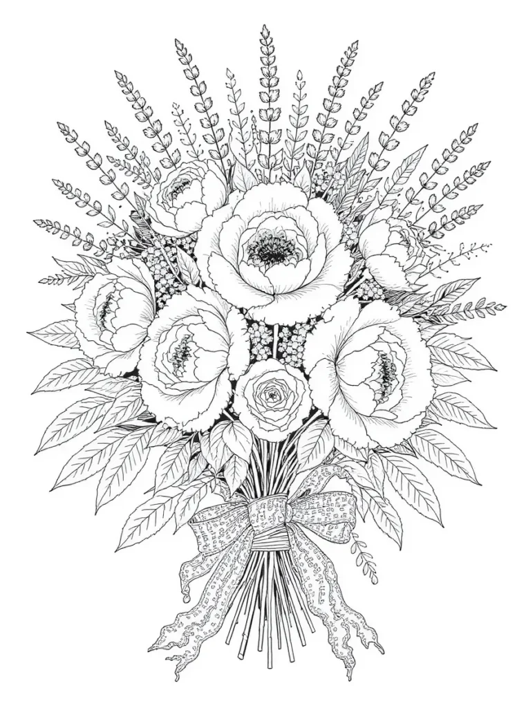 Un bouquet de pivoines et de roses, entouré de fleurs plus petites et de feuilles, illustrant un joli coloriage de fleurs.