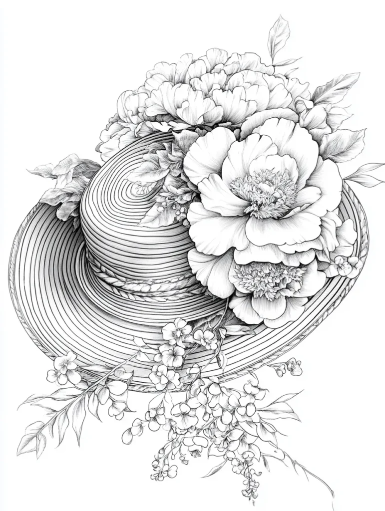 Coloriage de chapeau de paille orné de pivoines et de feuillages délicats.
