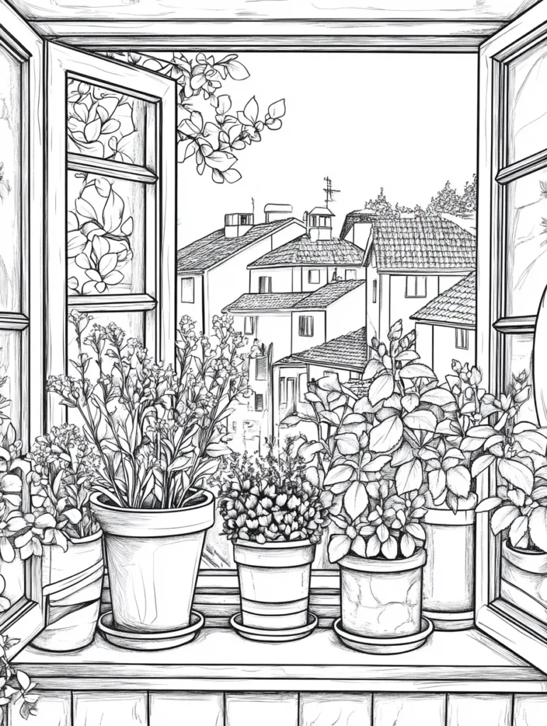 Coloriage pour adultes représentant une belle fenêtre avec des fleurs en pots.