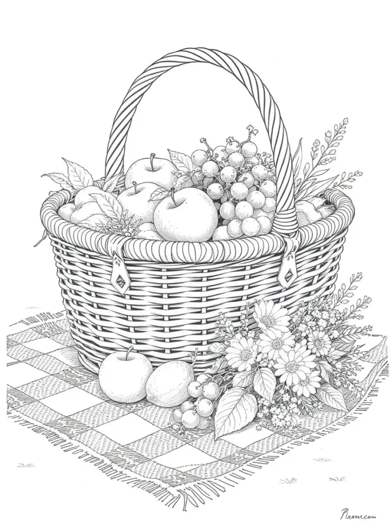 Coloriage représentant un panier en osier rempli de fruits, avec des pommes, des raisins et un bouquet de fleurs variées. L'image dégage une ambiance de santé et de fraîcheur.