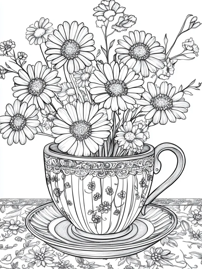 Coloriage d'une tasse à thé ornée de fleurs colorées, principalement des marguerites et des motifs floraux.