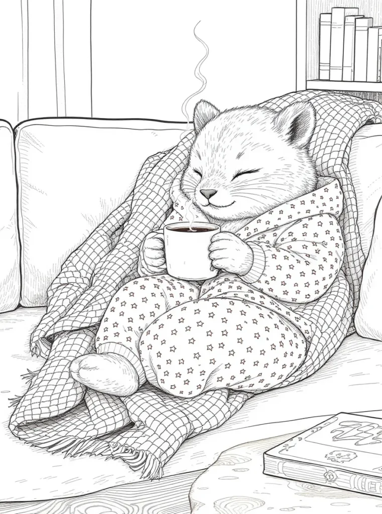 Coloriage d'un adorable petit animal en pyjama sur un canapé.