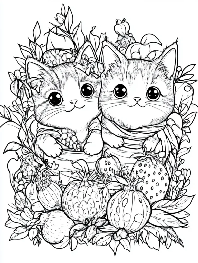 Coloriage de deux chatons adorables dans des paniers entourés de fleurs et de fruits.