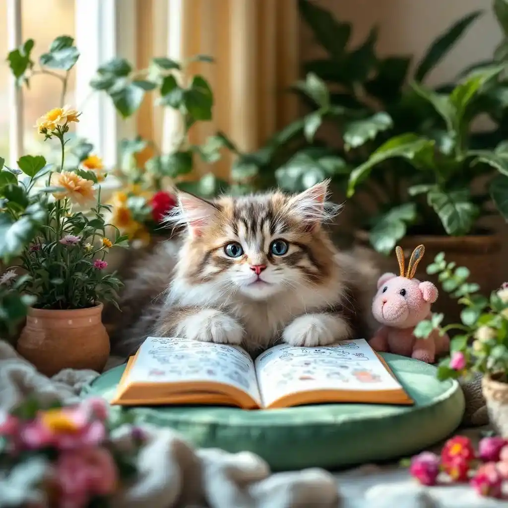 Une chambre cosy avec un coussin vert mousse et un livre de coloriages kawaii ouvert sous une lumière tamisée.