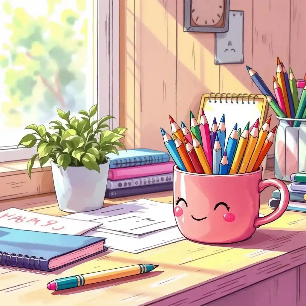 Un bureau ensoleillé avec des dessins kawaii et une tasse rouge brique pleine de crayons.
