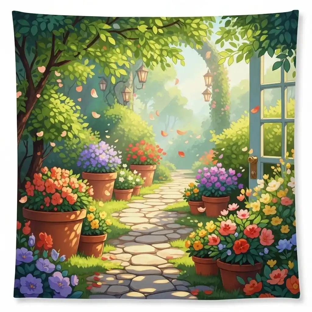 Un chemin en pierre dans un jardin luxuriant, bordé de pots en terre cuite remplis de fleurs colorées sous la lumière du soleil.