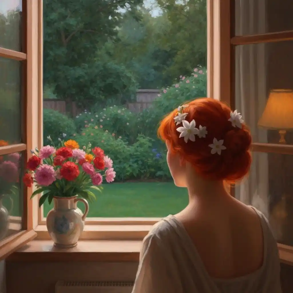 Une femme de dos, admirant un bouquet de fleurs sur une table, la lumière douce du soir entrant par la fenêtre.