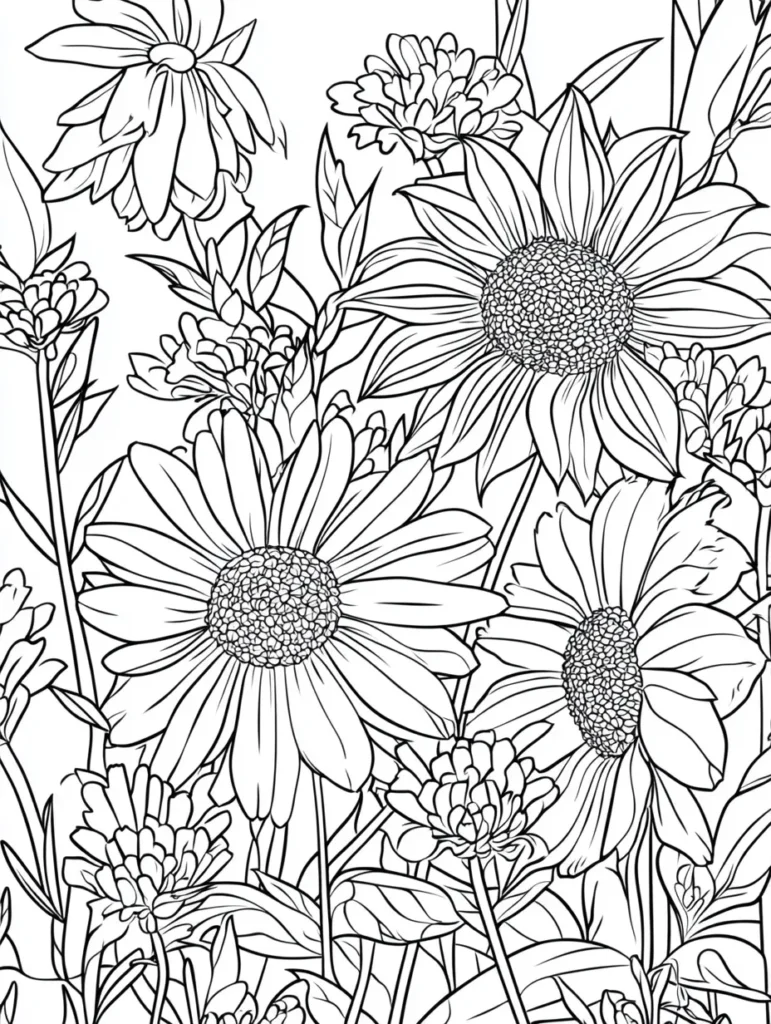 Coloriage représentant un ensemble luxuriant de fleurs avec des tournesols au premier plan et un fond de feuillage.