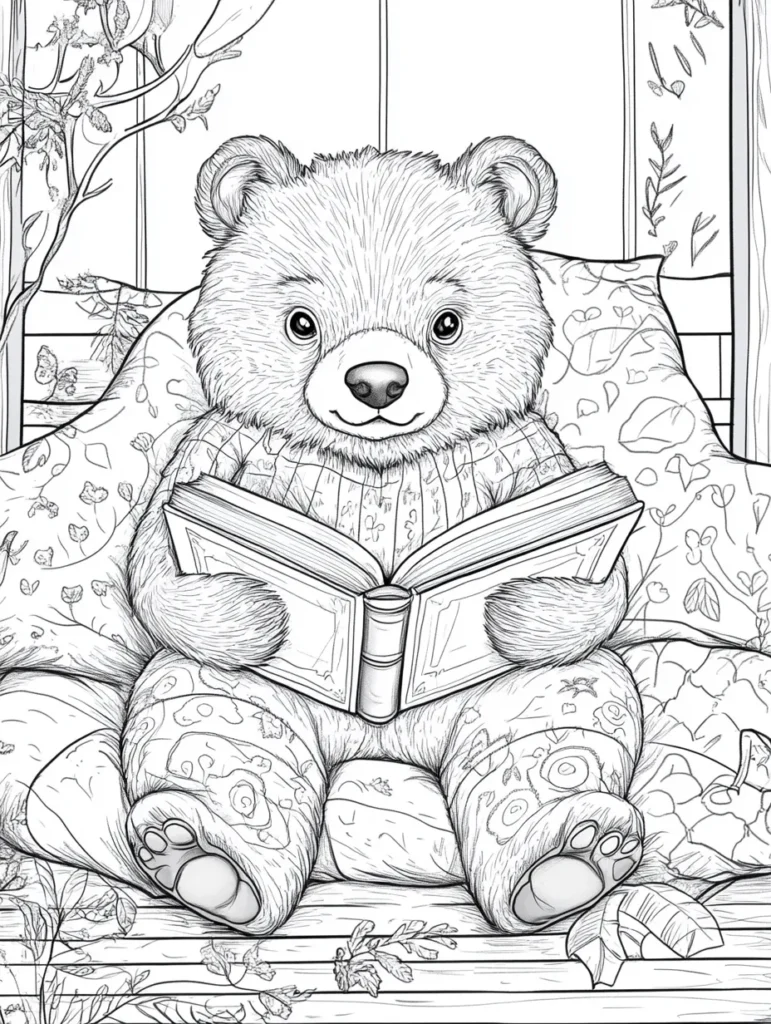Coloriage d'un adorable ours en peluche lisant un livre sur un coussin.